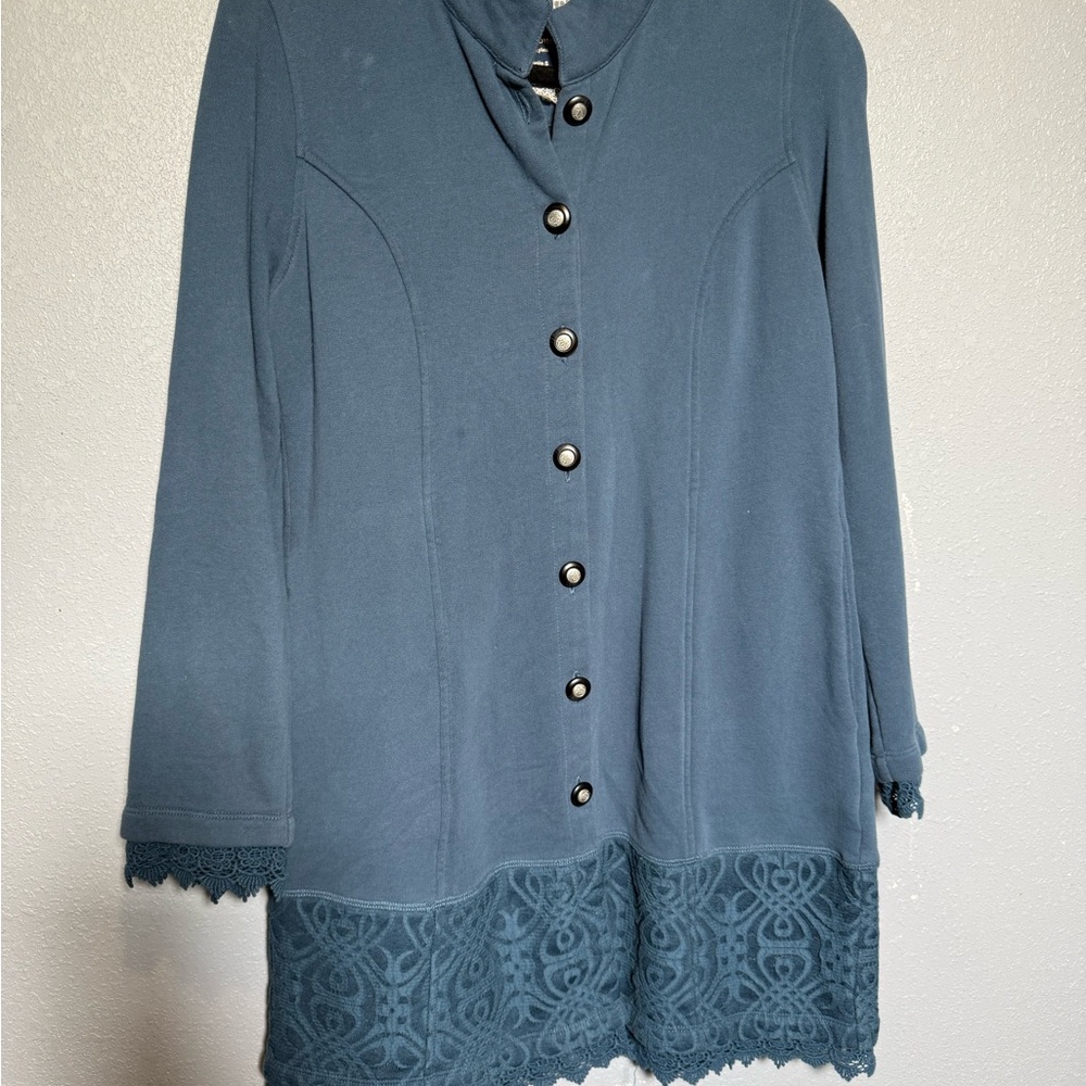 Soft Surrounding Blue Button-Up Coat with Lace Trim- SP‎